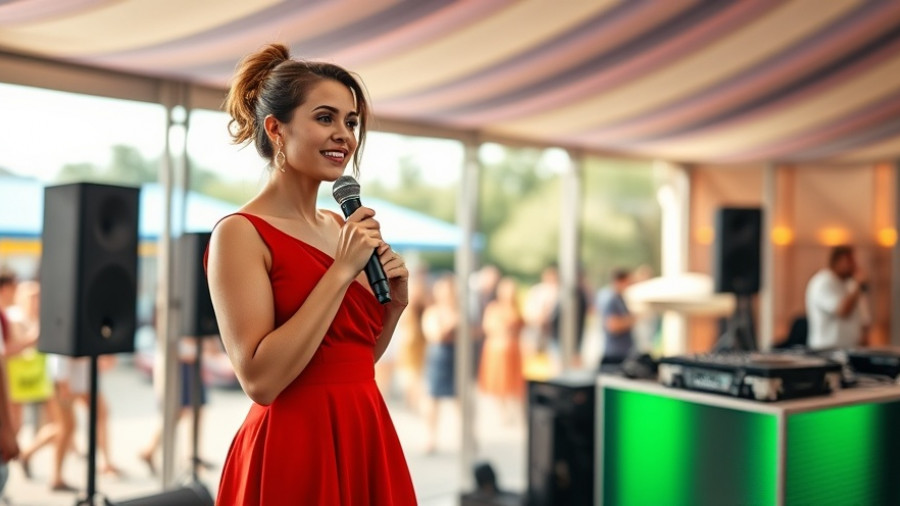 Confident speaker at San Antonio business event with DJ.