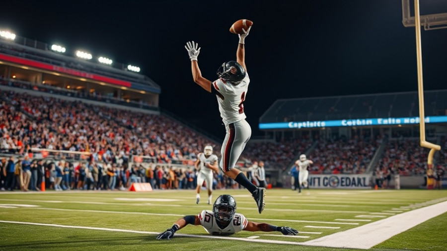Texas high school football player catches pass over defender under bright stadium lights.