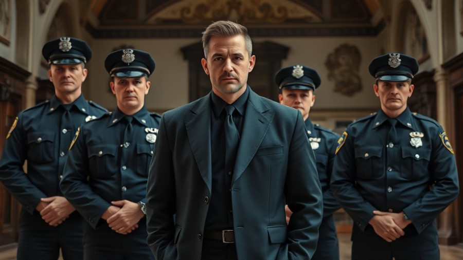 Police presence near Louvre with a man in a vintage outfit.