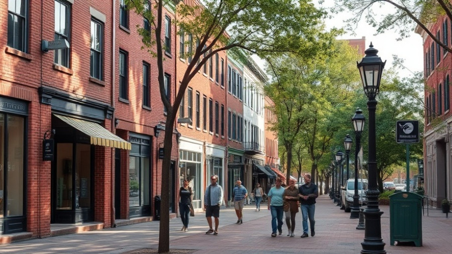 Historic Sixth Street Revitalization scene with brick buildings and pedestrians.