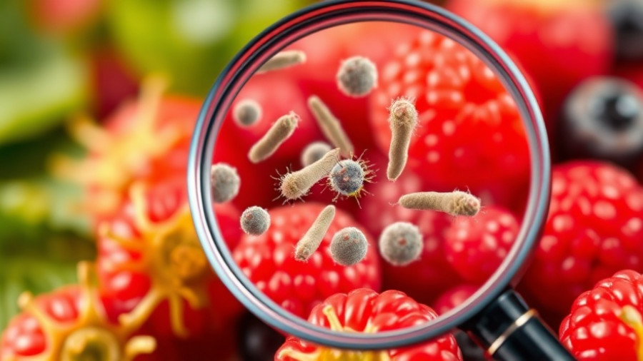Bacteria viewed through magnifying glass on berries, parasite infection symptoms concept.