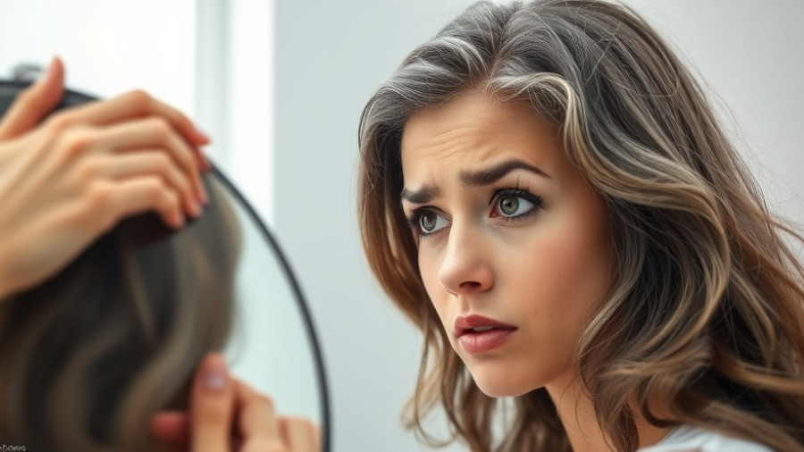 Young woman worried about gray hair in mirror.
