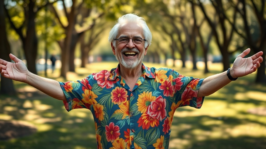 Elderly man joyfully overcoming alcoholism in vibrant setting