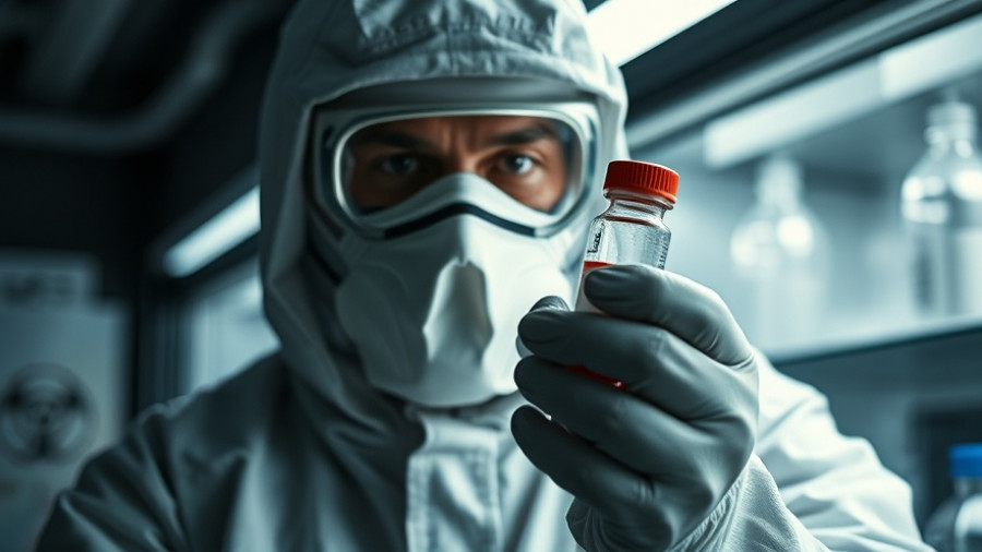 Hazmat scientist with biohazard vial in lab, hidden killer tuberculosis theme