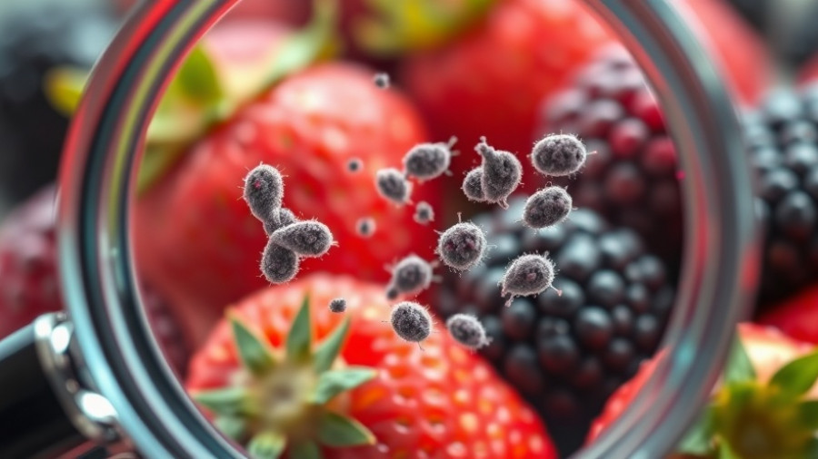 Bacteria magnified over berries, illustrating parasite infection symptoms.