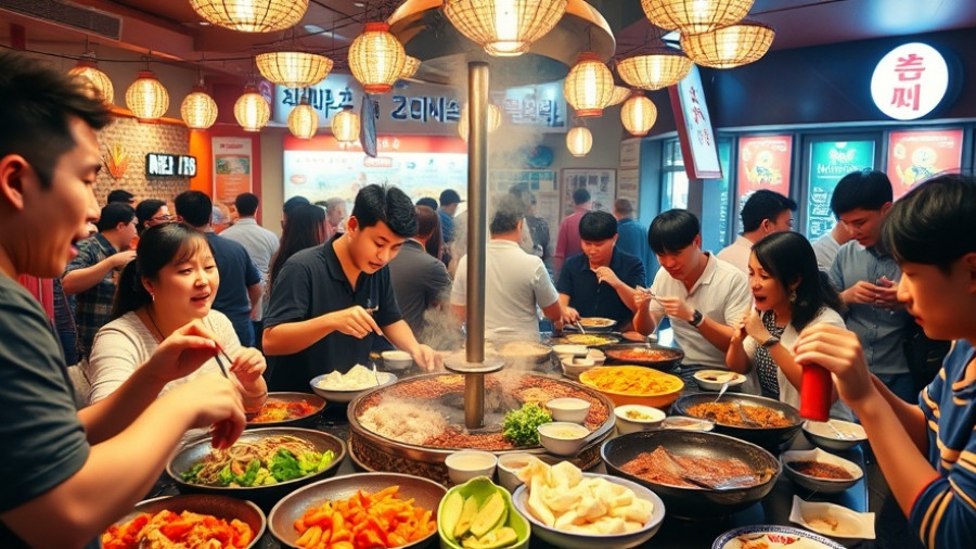 Lively Korean BBQ Houston scene with diverse dishes and joyful diners.