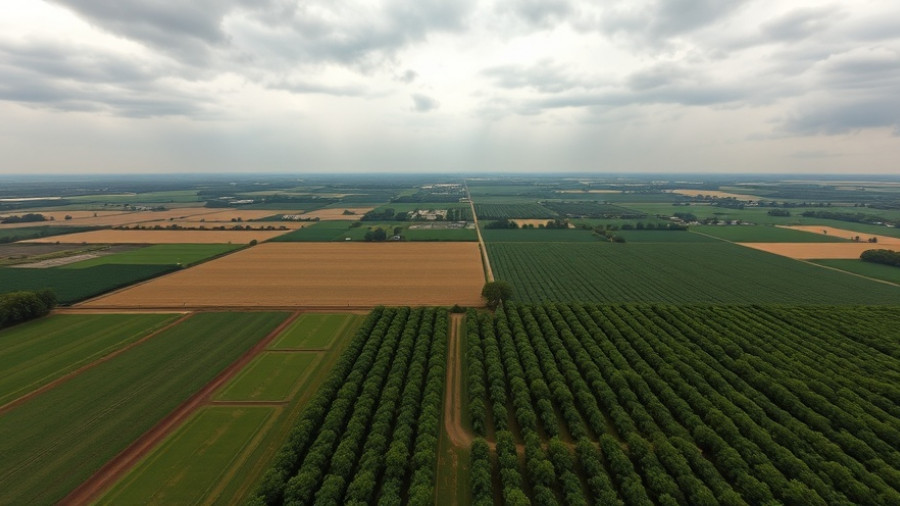 Expansive aerial view of Texas orchards illustrating water management challenge.