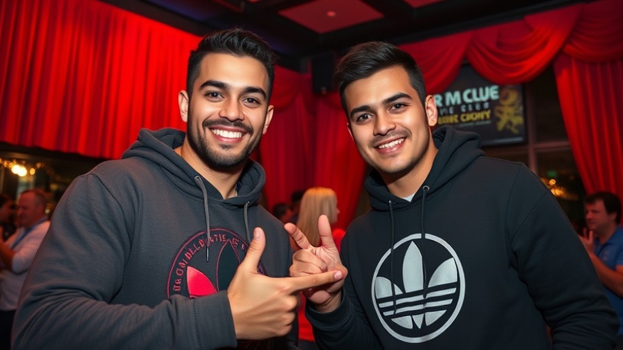San Antonio cultural events scene with two men in hoodies, red curtain backdrop.