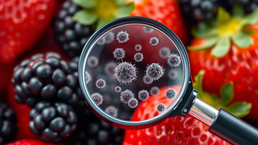 Close-up view of berries with bacteria through a magnifying glass, illustrating possible parasite infection symptoms.