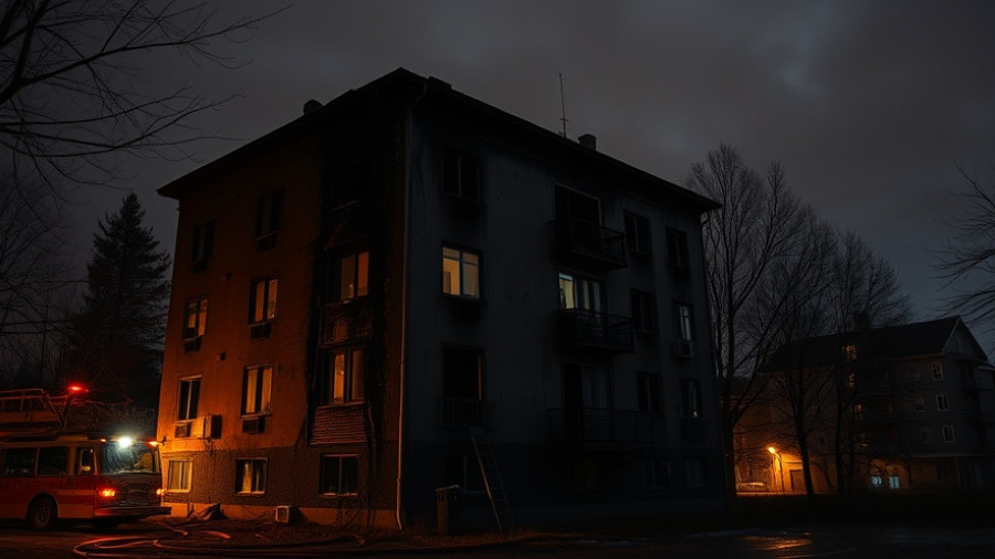 Fire-damaged apartment after lightning strike, nighttime scene