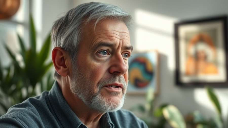 Middle-aged man promoting mental wellness for seniors in a calm setting.