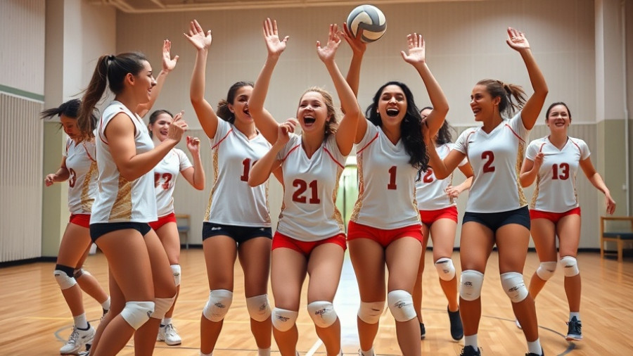 Volleyball team bench cellys celebration dance in gymnasium.
