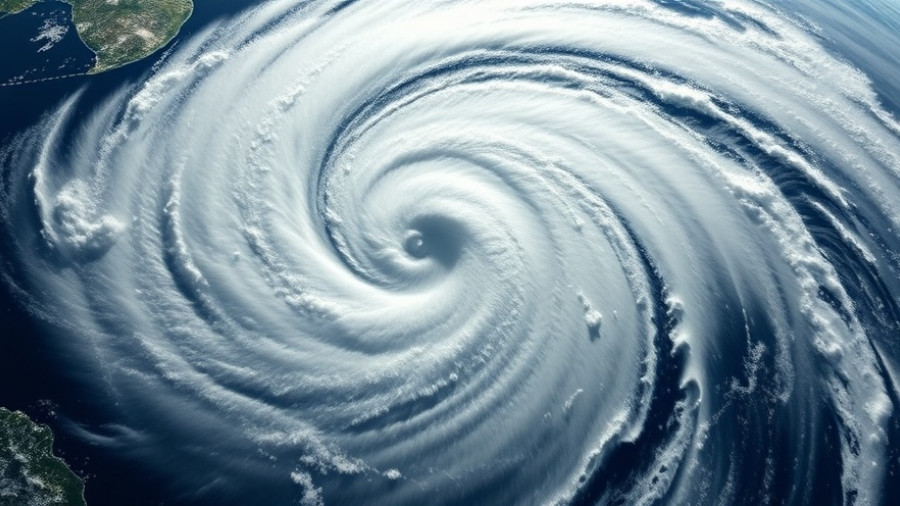 Satellite image of Hurricane Melissa swirling over land and ocean.