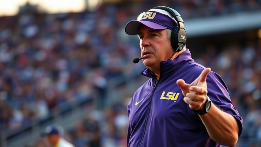 LSU coach focused and gesturing on the field.