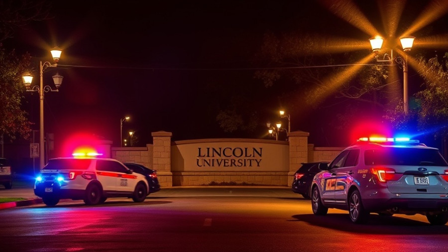 Police vehicle at Lincoln University entrance during night with lights on.