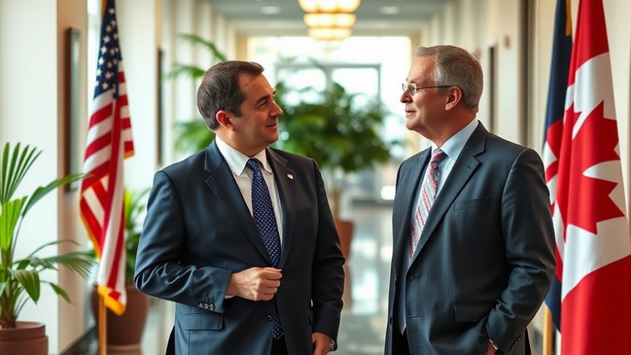 Officials discuss Canada U.S. trade challenges near flags in formal setting.