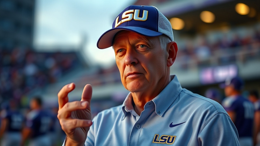 LSU Tigers coach in purple jersey gesturing during game.