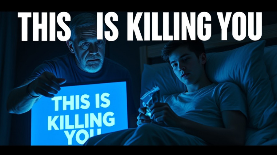 Concerned man pointing at young man with nighttime habits for better sleep warning text.