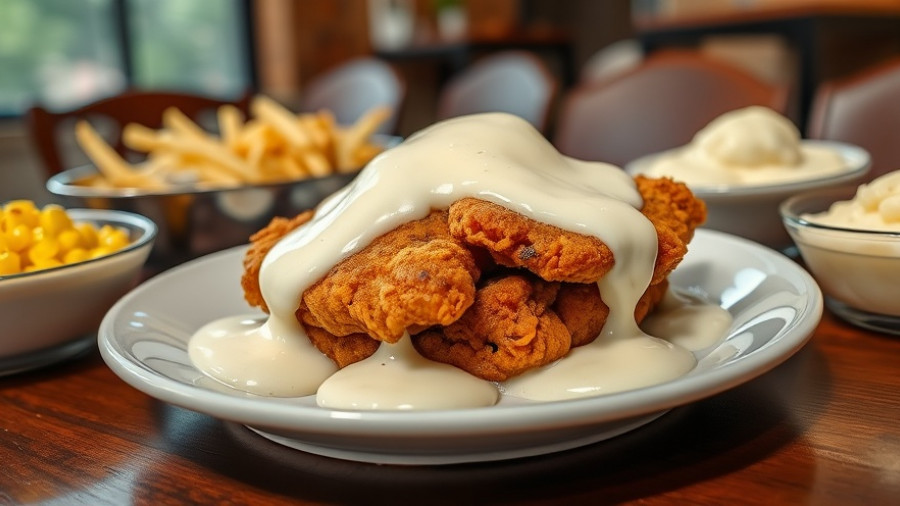 Chicken Fried Steak in DFW with gravy, corn, mashed potatoes.