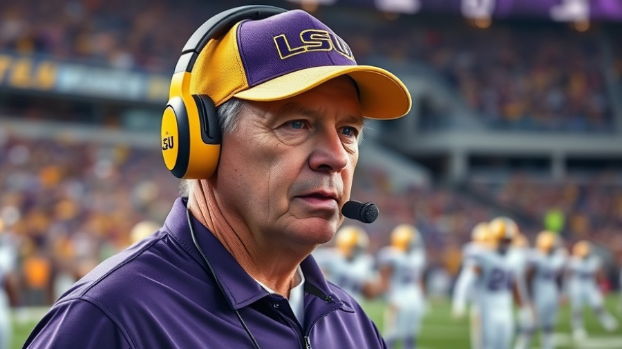 LSU coach on field, serious expression, LSU fires Brian Kelly.