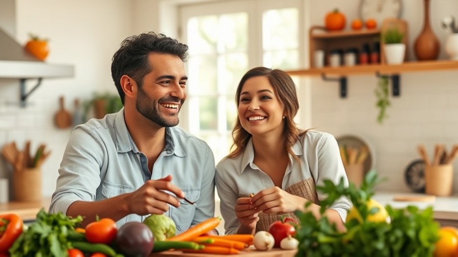 Joyful couple sharing healthy meal in bright kitchen, how to break unhealthy eating habits.