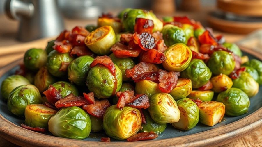 Bacon Balsamic Brussels Sprouts on a white plate in a rustic kitchen.