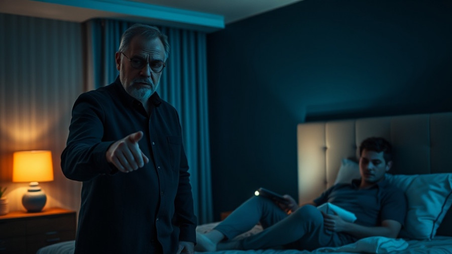 Middle-aged man pointing in concern at a stressed younger man in bed, exploring sleep issues.