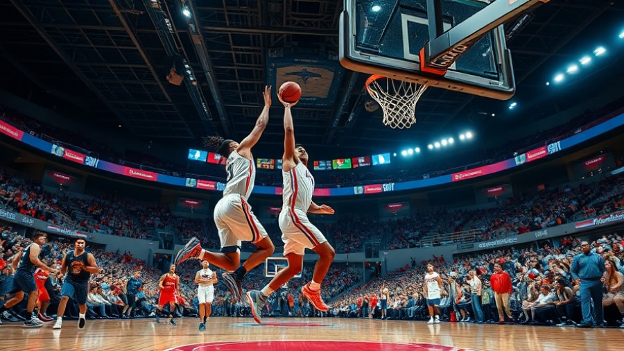 Intense basketball game moment in crowded arena.