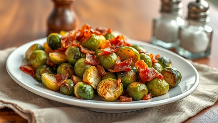 Roasted Bacon Balsamic Brussels Sprouts on a white plate.