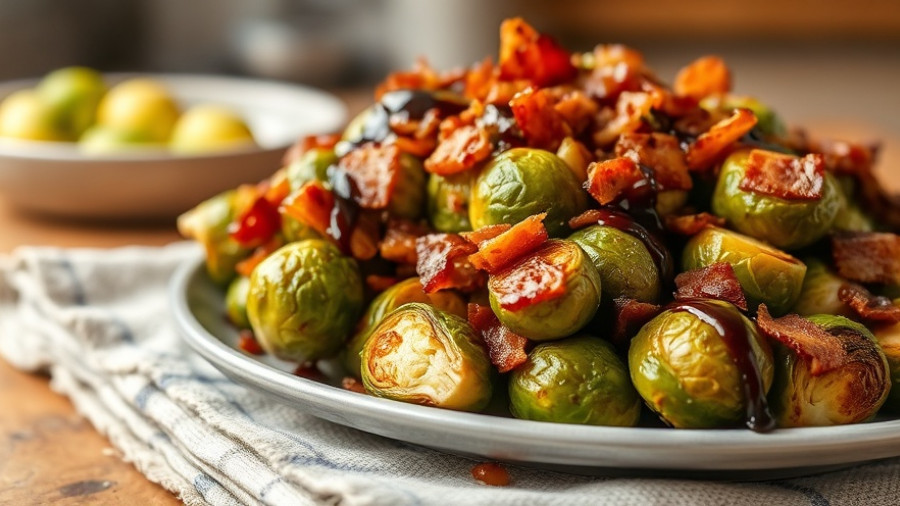 Bacon balsamic Brussels sprouts on a white plate in a kitchen setting.