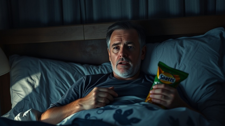 Concerned man in bed with snacks, nighttime habits that age you faster.