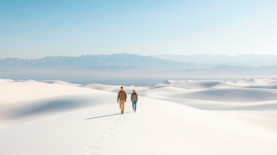 People walking on white dunes with mountains in the distance, serene.