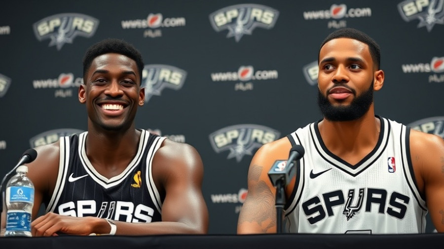 Victor Wembanyama NBA rookie at Spurs press conference, smiling with teammate.