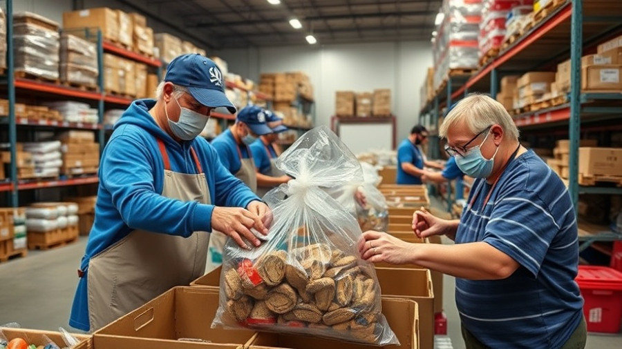San Antonio Food Bank volunteers packing food, warehouse setting.