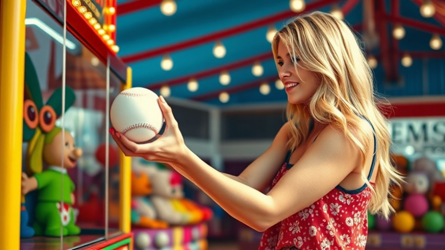 Vibrant scene of a woman playing a carnival game at an amusement park.