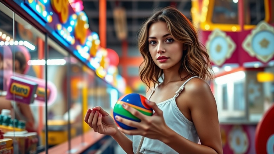 Confident woman nails carnival game with ease, vibrant atmosphere.