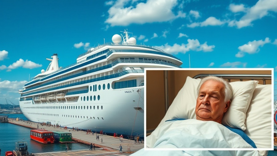 Cruise ship and older man in hospital bed, highlighting travel insurance for cruise travelers.