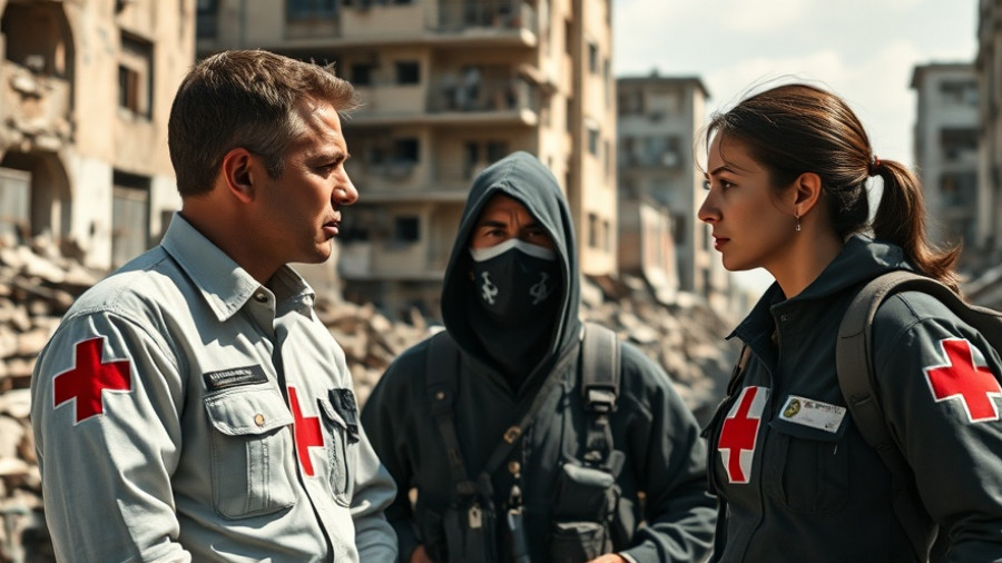 Red Cross role in hostage recovery amidst urban destruction, intense discussion.