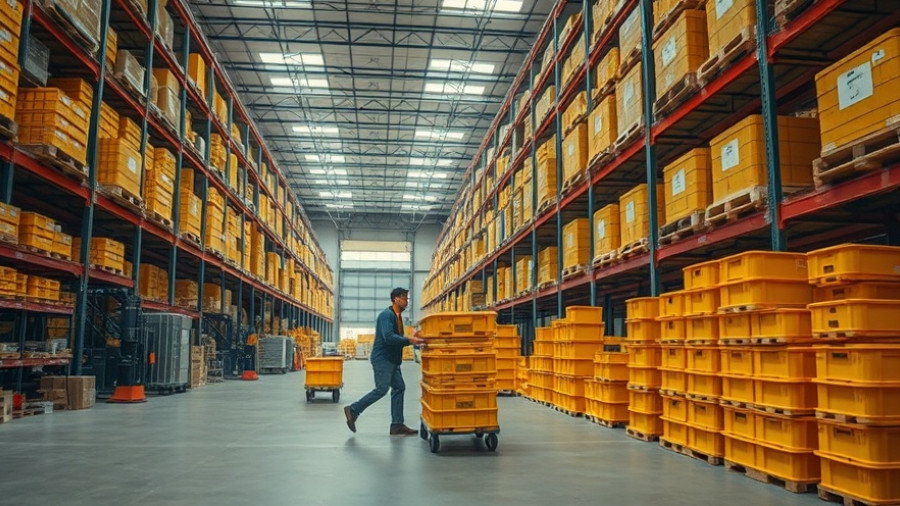 Warehouse scene with worker and carts highlighting automation.