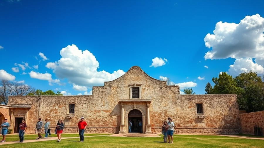 Alamo mission in Texas with visitors, clear day, Texas ghost sightings.