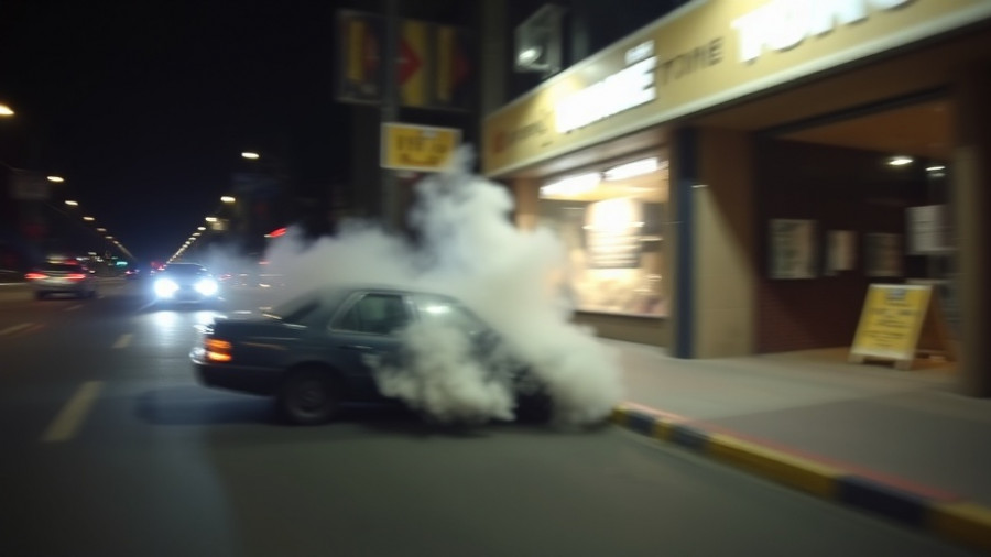 Blurred security footage of car crash on street.