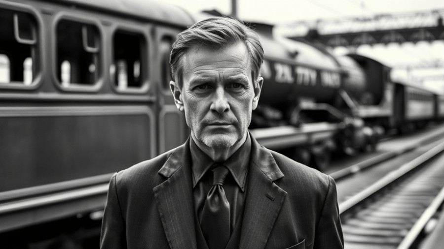 Vintage photo of a man in suit standing by a train.