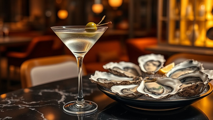 Elegant lounge setting with cocktail and oysters in Dallas elevated dining.
