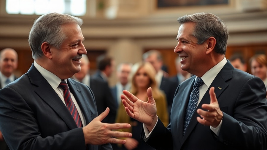 Men discussing politics in a formal setting for Texas politics news.