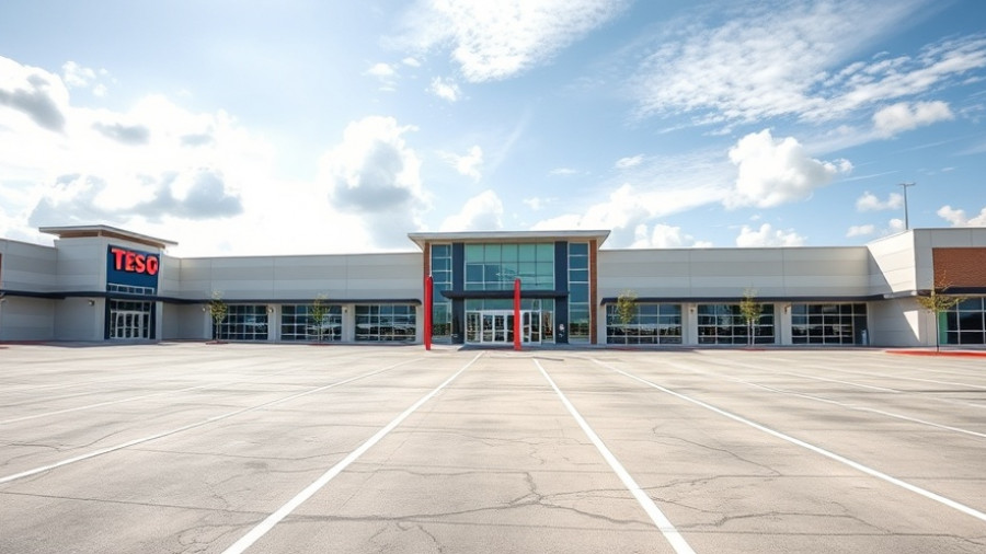 Teso Life Haltom City commercial plaza with empty parking lot under bright sky.