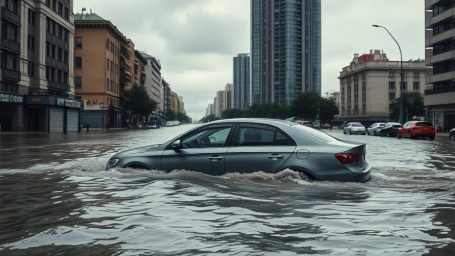 Flooded street during Hurricane Melissa in urban area.