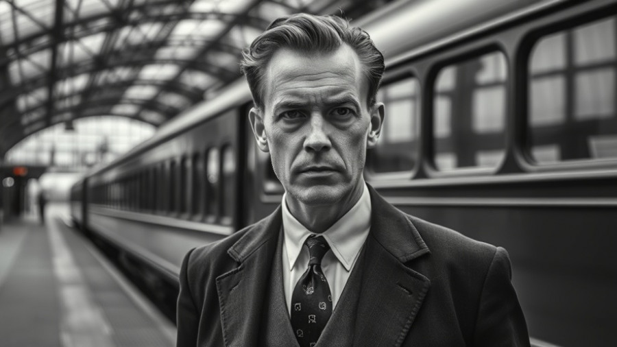 Black and white portrait of man standing by a train.