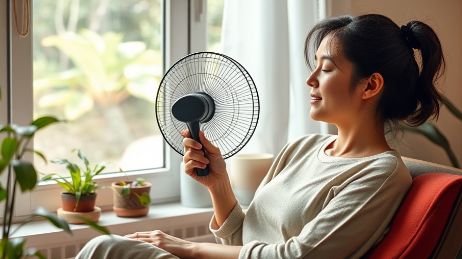 Woman using fan for non-hormonal menopause treatments relaxation.
