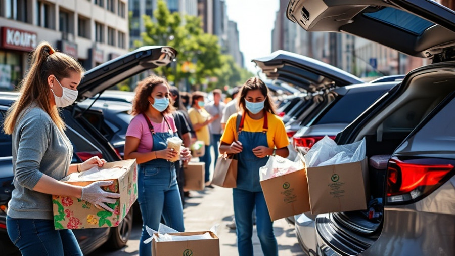 Community volunteers organizing food packages into car trunks at a food bank.