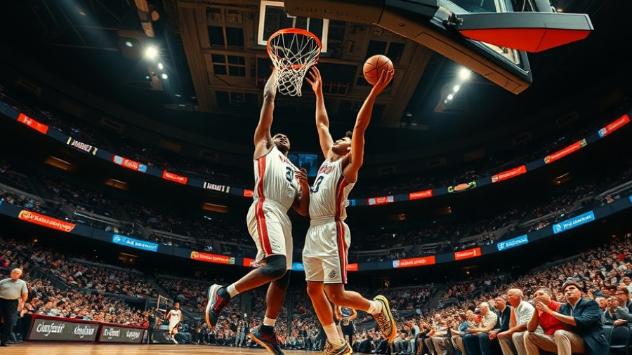Chet Holmgren and Cooper Flagg mid-dunk in a dynamic basketball game